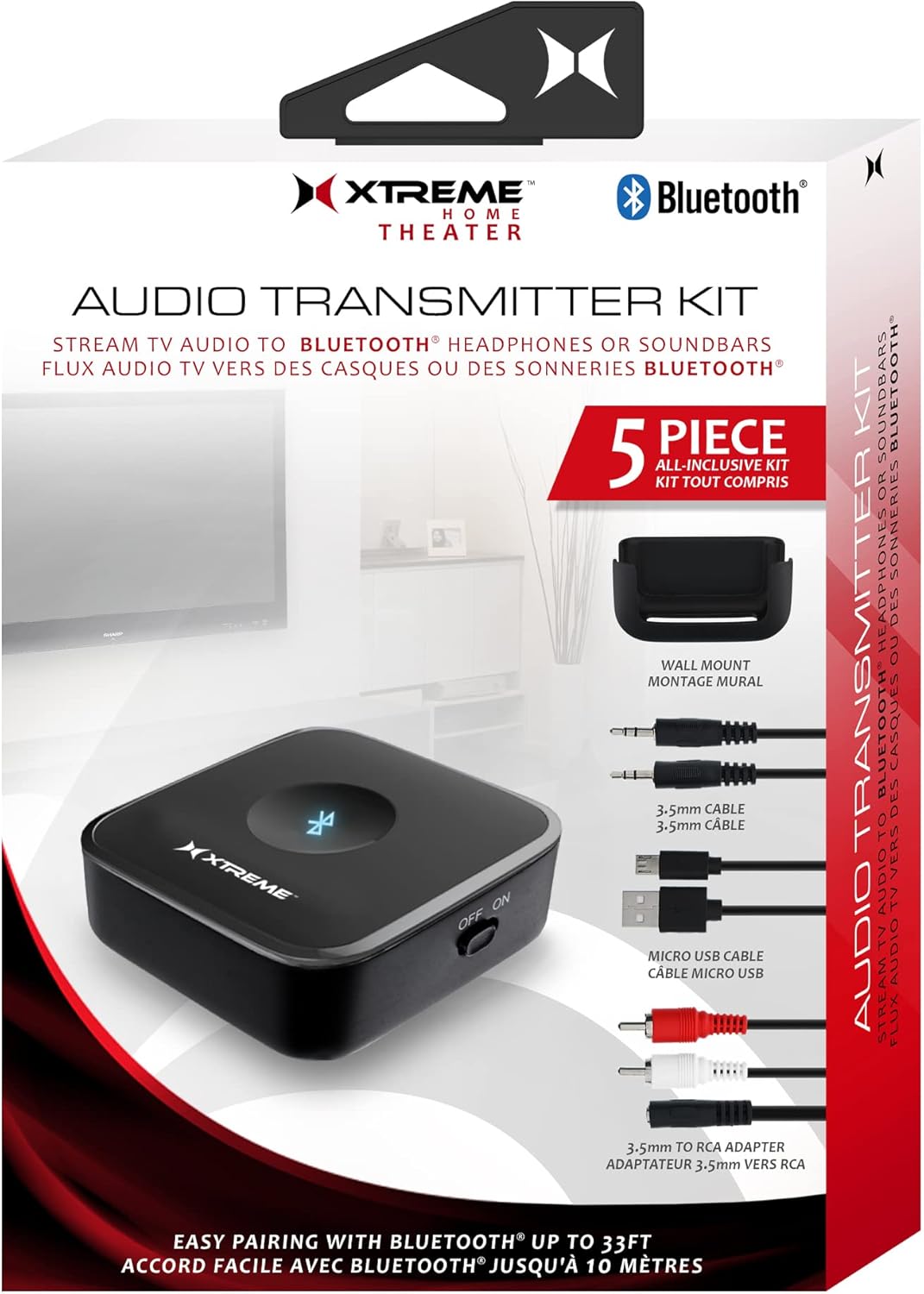 Xtreme – Kit de transmisor de audio de 5 piezas, transmisión de audio a auriculares compatibles con Bluetooth, barras de sonido, viene con