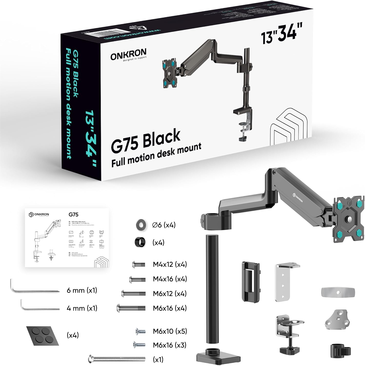 ONKRON Soporte de escritorio con brazo para monitor único para pantallas de 13 a 34 pulgadas de hasta 26.5 libras, brazo vertical para monitor con