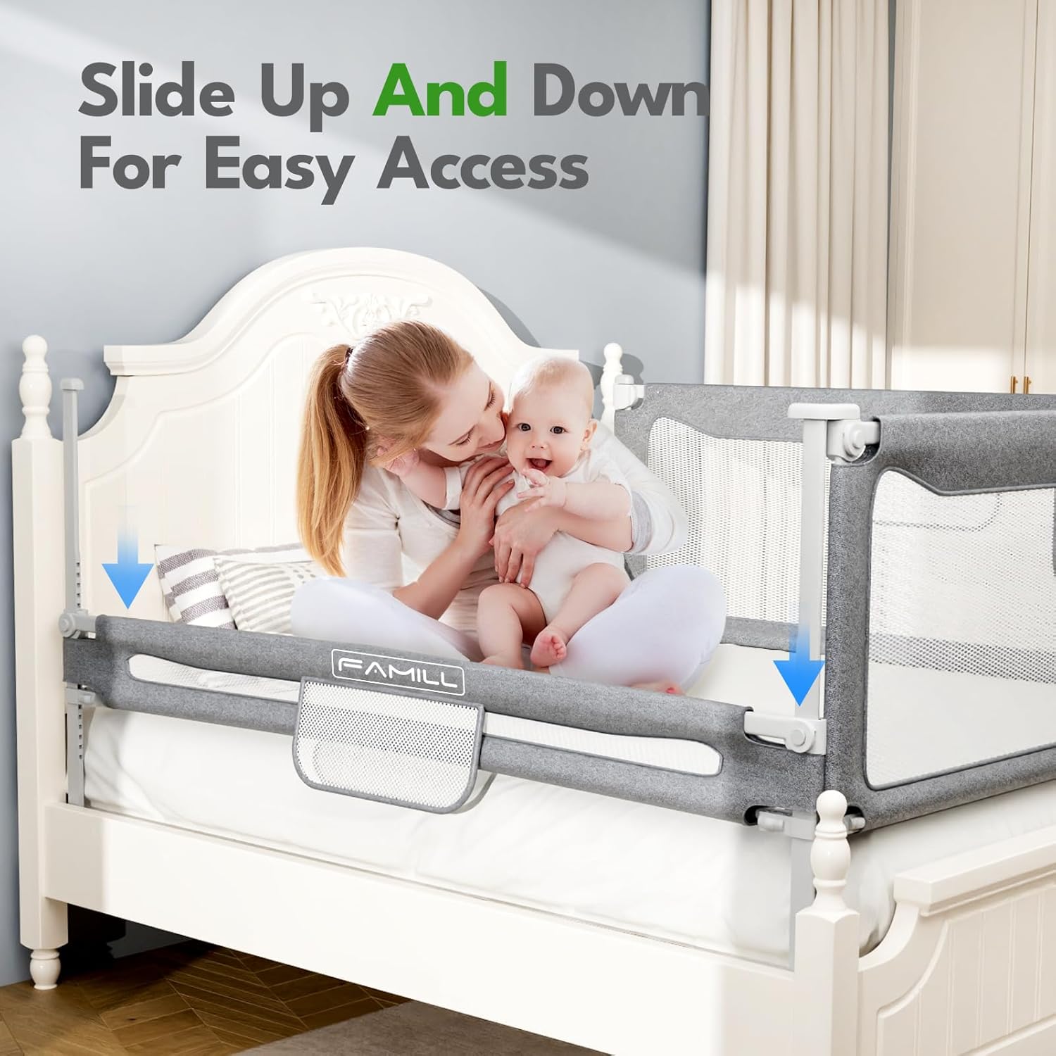 Riel de cama para niños pequeños, riel plegable de montaje rápido en 2 minutos para Queen, tamaño matrimonial, tamaño individual, riel de cama con