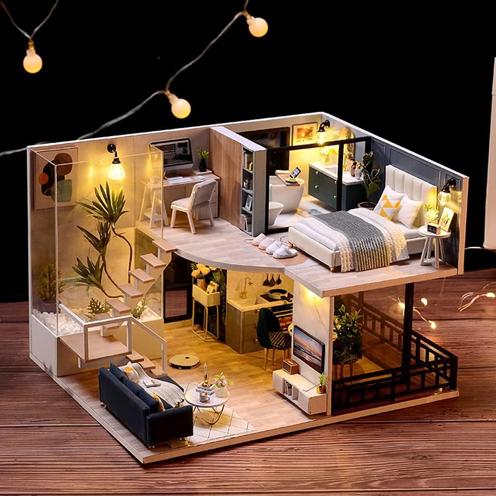 Cutebee – Casa de muñecas en miniatura con muebles, kit de casa de muñecas de madera DIY (hazlo tú mismo), a prueba de polvo, con música, se mueve,