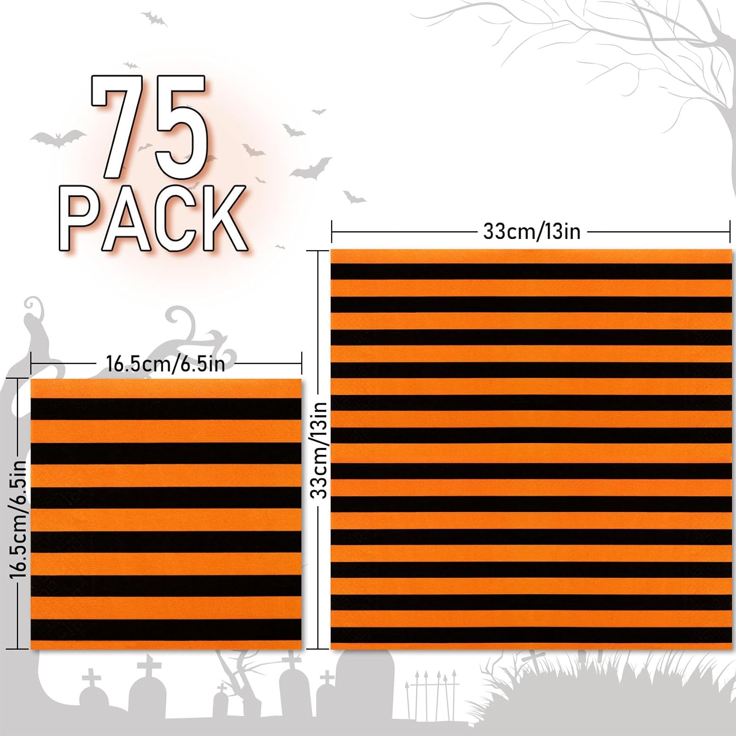 Whaline Servilletas de papel de Halloween de 6.5 pulgadas, color naranja y negro, con rayas, lunares, servilletas de almuerzo geométricas