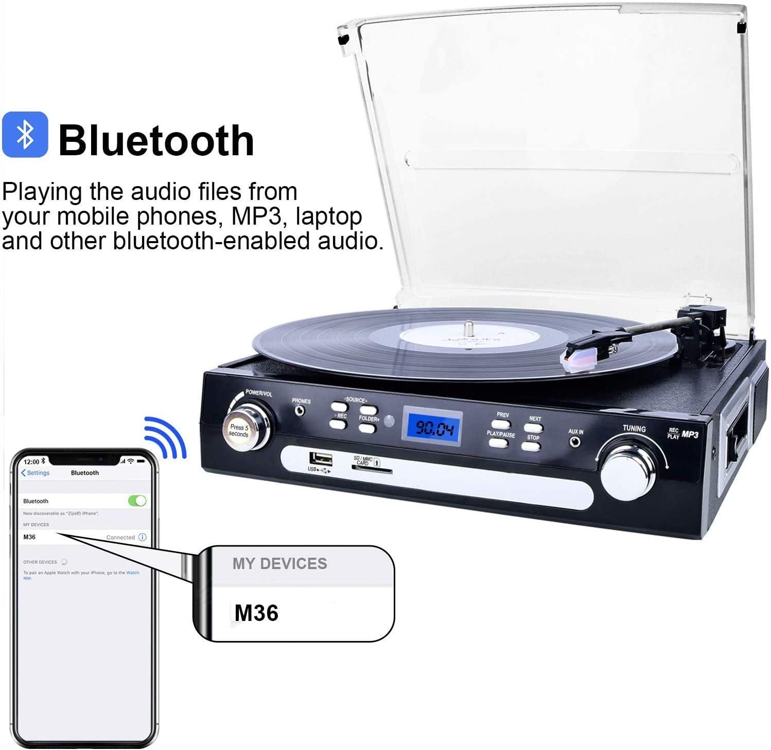 DIGITNOW Tocadiscos Bluetooth con altavoces estéreo, tocadiscos para vinilo a MP3 con reproducción de cassette, radio AMFM, control remoto,