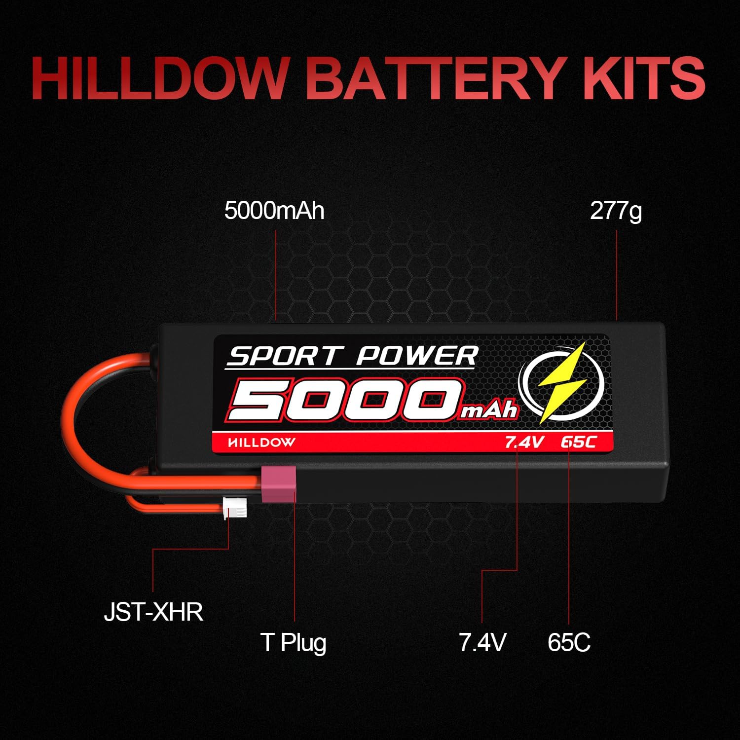 Hilldow Batería Lipo RC de 7.4V 2S 65C 5000mAh Lipos Hard Case Baterías recargables con conector Deans T para 18 110 RC Autos Camiones Control