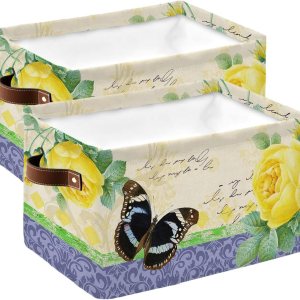 Yellow Flower Storage Basket for Organizing Shelves, Collapsible Storage Bins Boxes with Handle, Purple Retro Botanical Butterfly Modern Abstract Yellow Flower Storage Basket for Organizing Shelves, Collapsible Storage Bins Boxes with Handle, Purple Retro Botanical Butterfly Modern Abstract