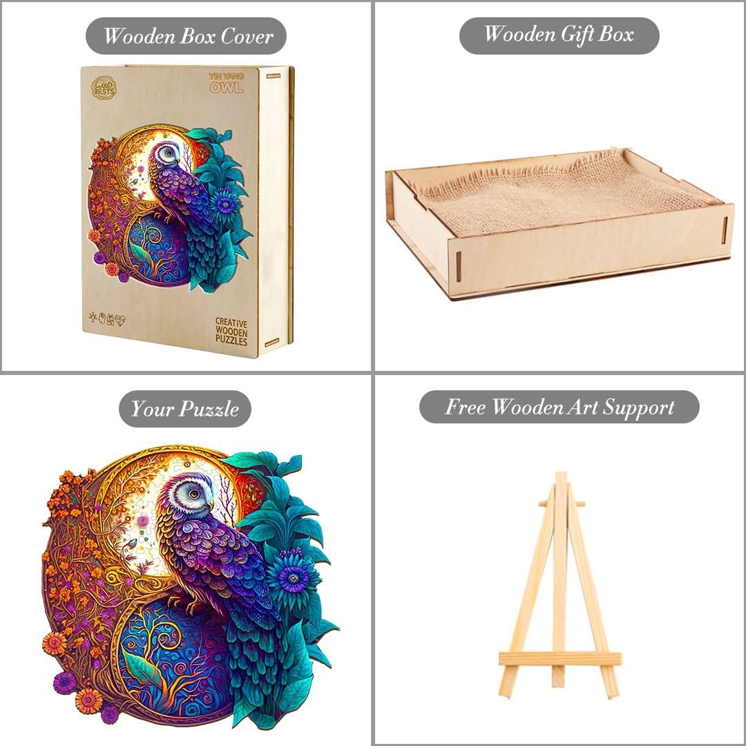 Funnli Rompecabezas de madera para adulto, 200 piezas de búho, rompecabezas de madera de 11.8 x 11.8 pulgadas con caja, colección de juegos