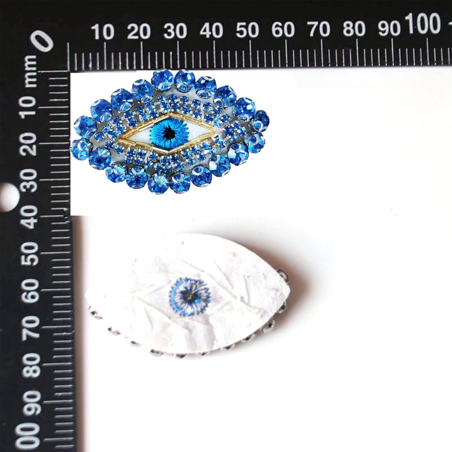 2 parches de diamantes de imitación azules con diamantes de imitación de ojo malvado, bonitos parches bordados para coser, apliques de bricolaje,