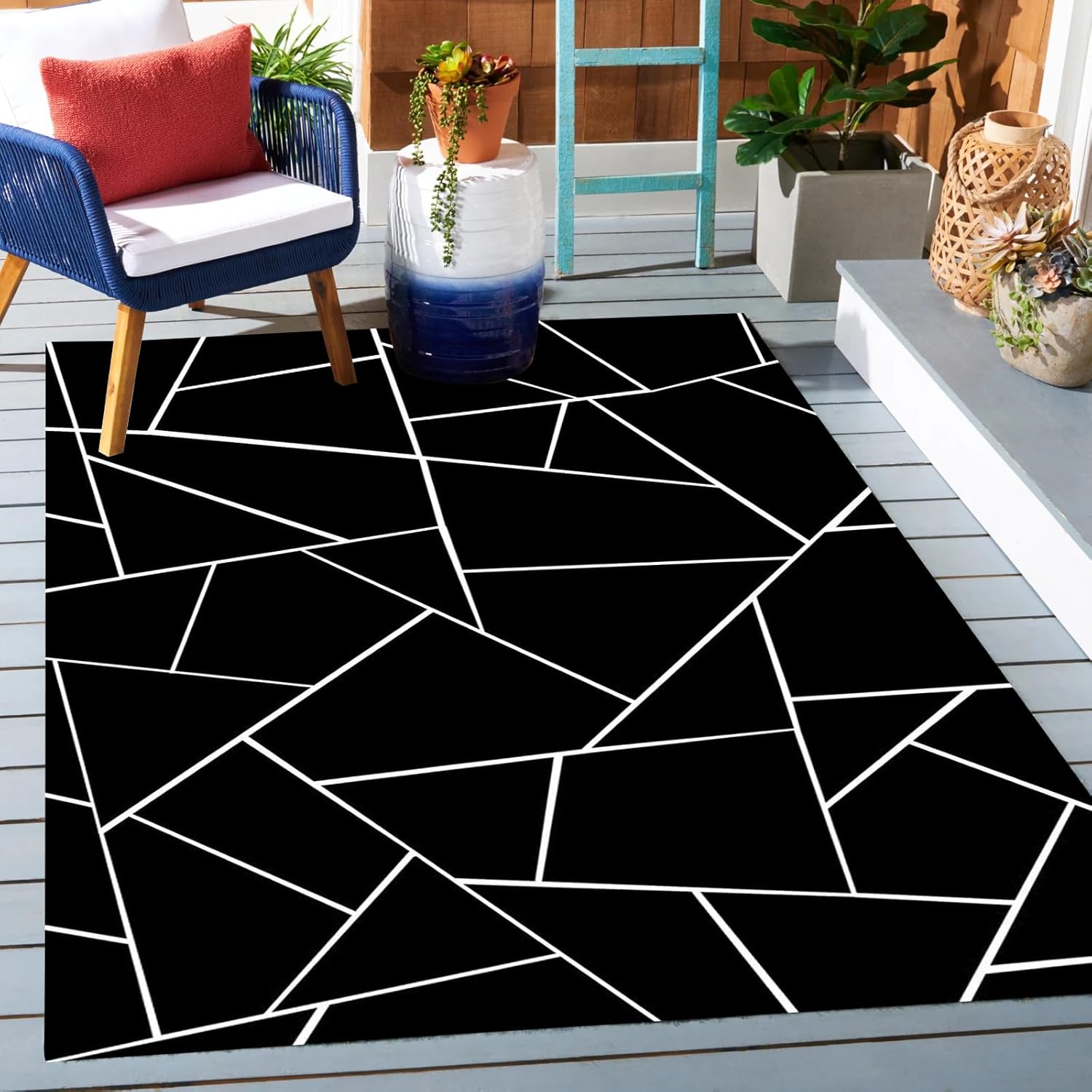Alfombra grande para interiores y exteriores, para terraza, balcón, porche, camping, antideslizante, lavable, moderna, 4 x 6 pies, diseño geométrico