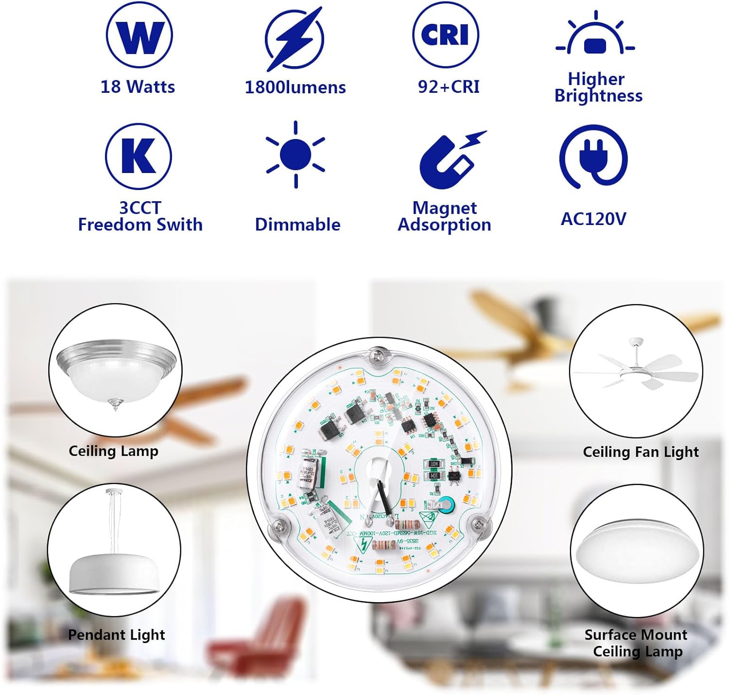 Siomen Paquete de 1 unidad de 3.93 pulgadas 18 W, 120 V, 1800 lúmenes, 3CCT 300045006000K CRI92, motor de luz LED, módulo de PCB LED, kit de