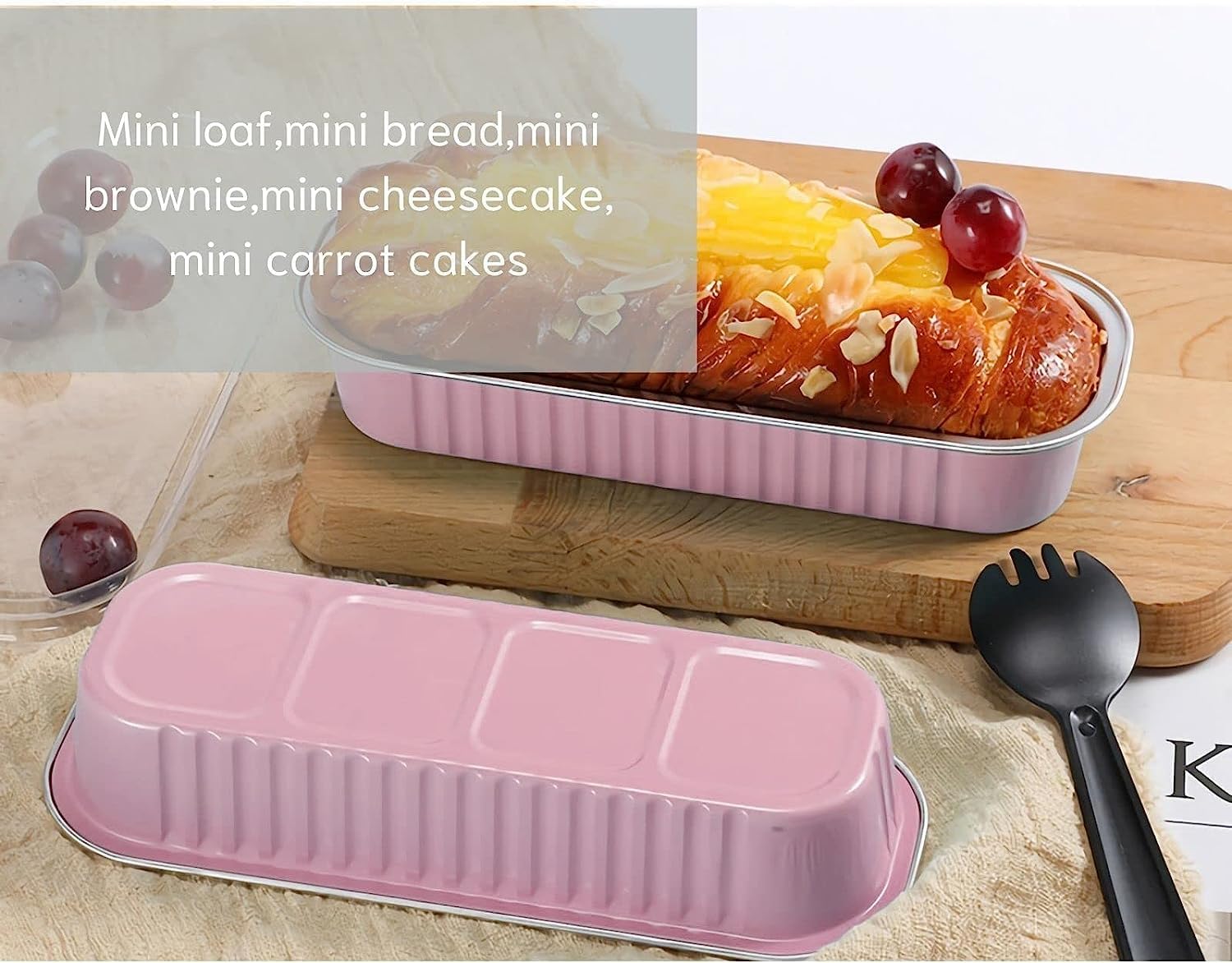 Mini moldes para hornear pan con tapas y cucharas (paquete de 100 unidades, 6.8 onzas), moldes rectangulares de papel de aluminio para hornear,