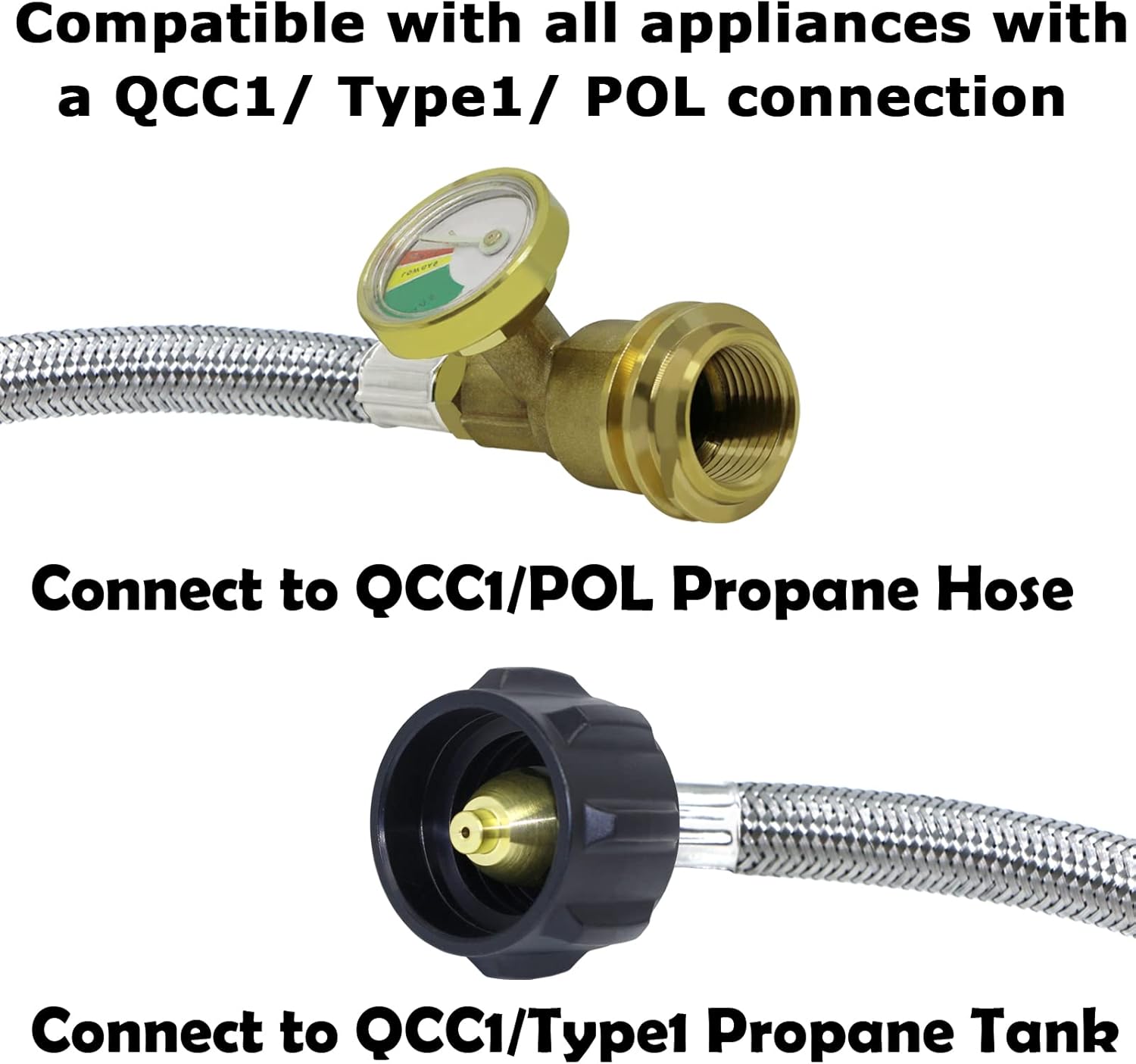 Manguera de extensión de tanque de propano mejorada de 12 pies trenzada con calibre, manguera de extensión de tanque QCC1tipo 1, accesorio Acme a