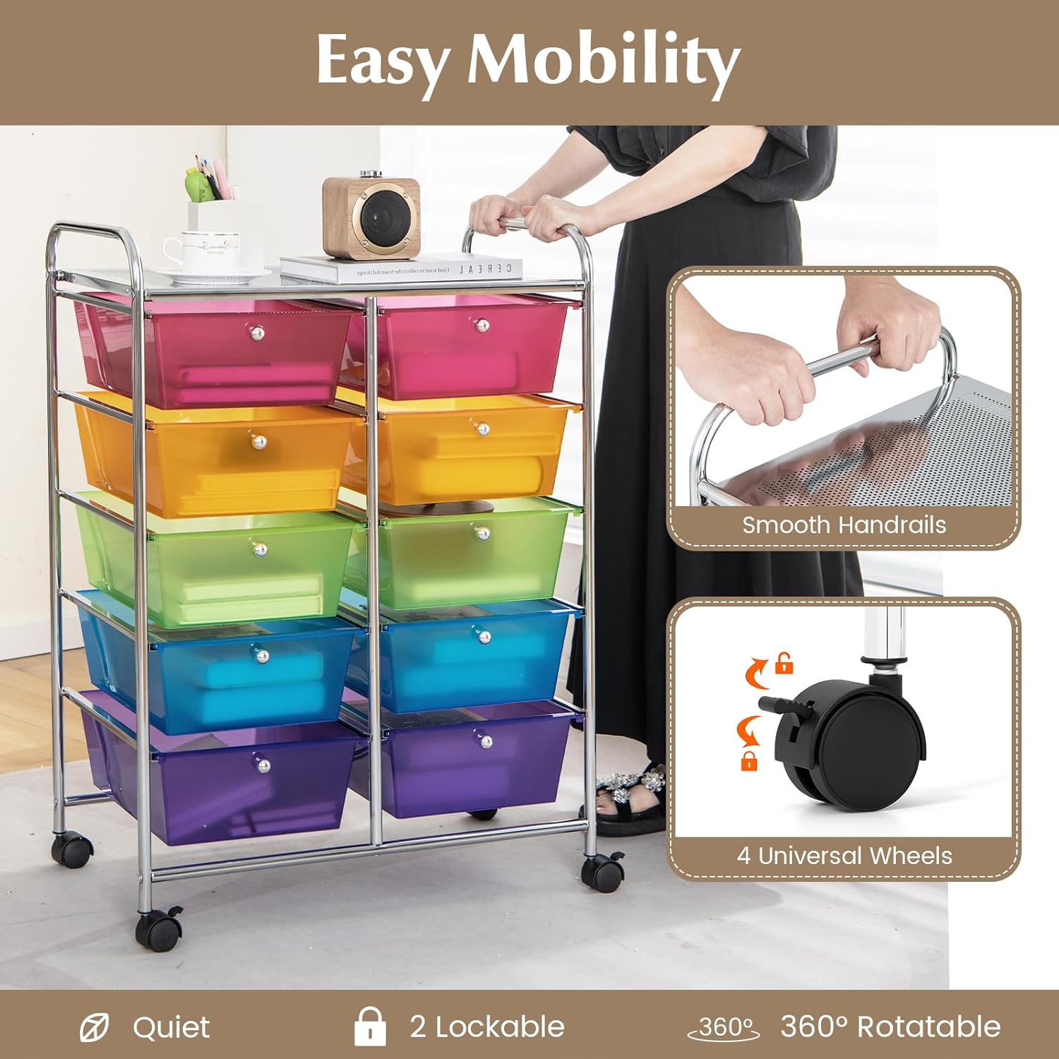 RELAX4LIFE Carrito de almacenamiento rodante con 10 cajones, carrito de almacenamiento para manualidades con ruedas bloqueables, carrito utilitario,