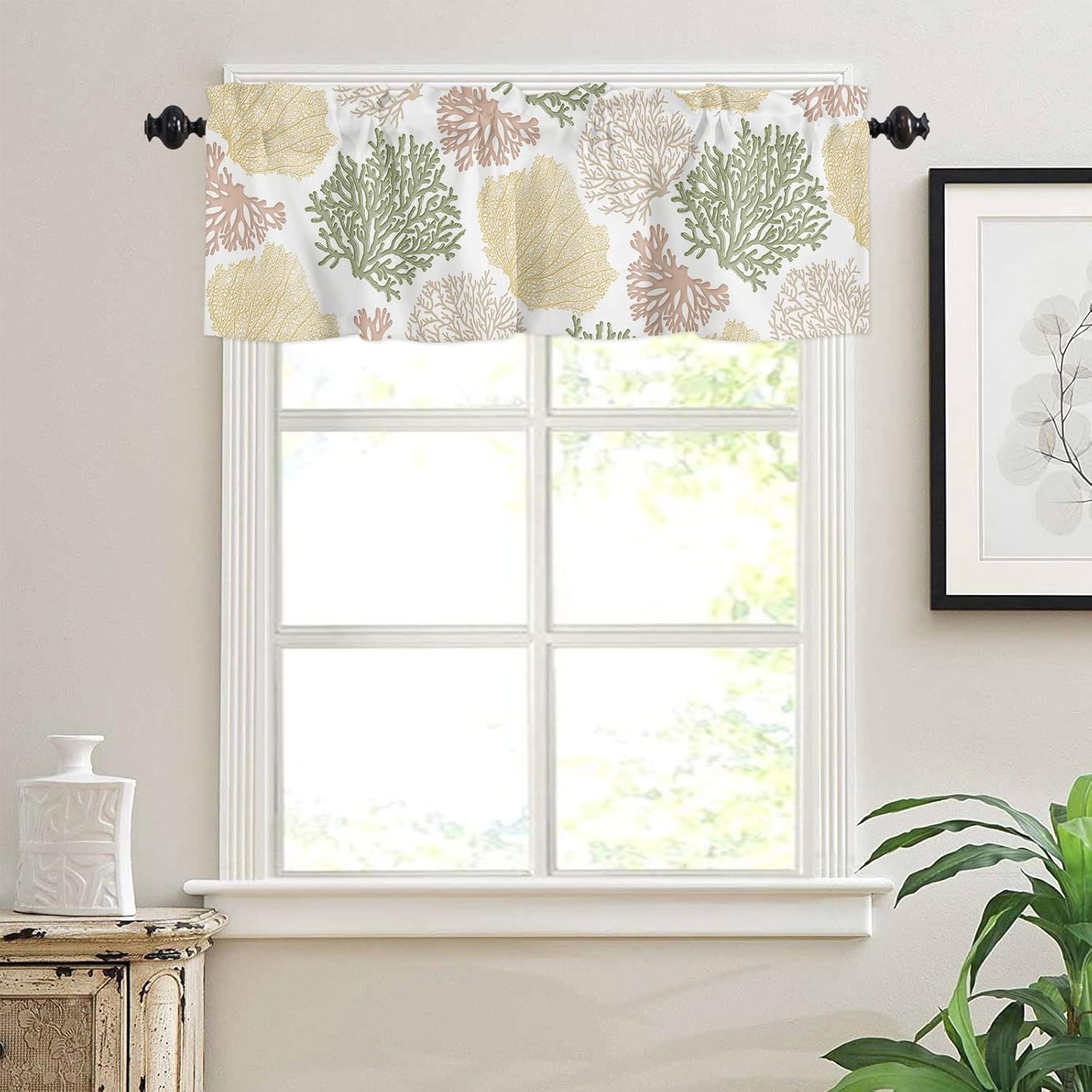 Cenefas cortas de cortina de ventana color amarillo y verde azulado, cenefas rosas de playa de verano para ventanas, decoración náutica costera con