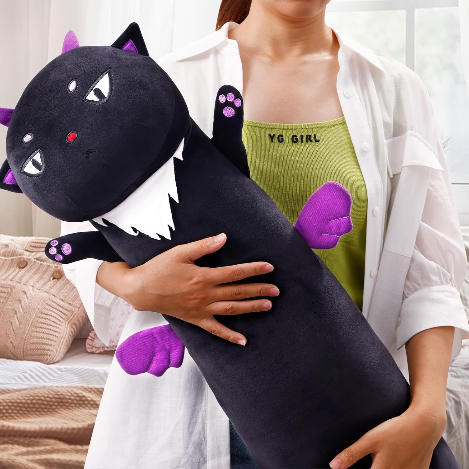 Almohada larga de peluche de gato negro, 27.6 pulgadas, lindos animales de peluche suaves, almohada de felpa de gatito, juguete de regalo para el