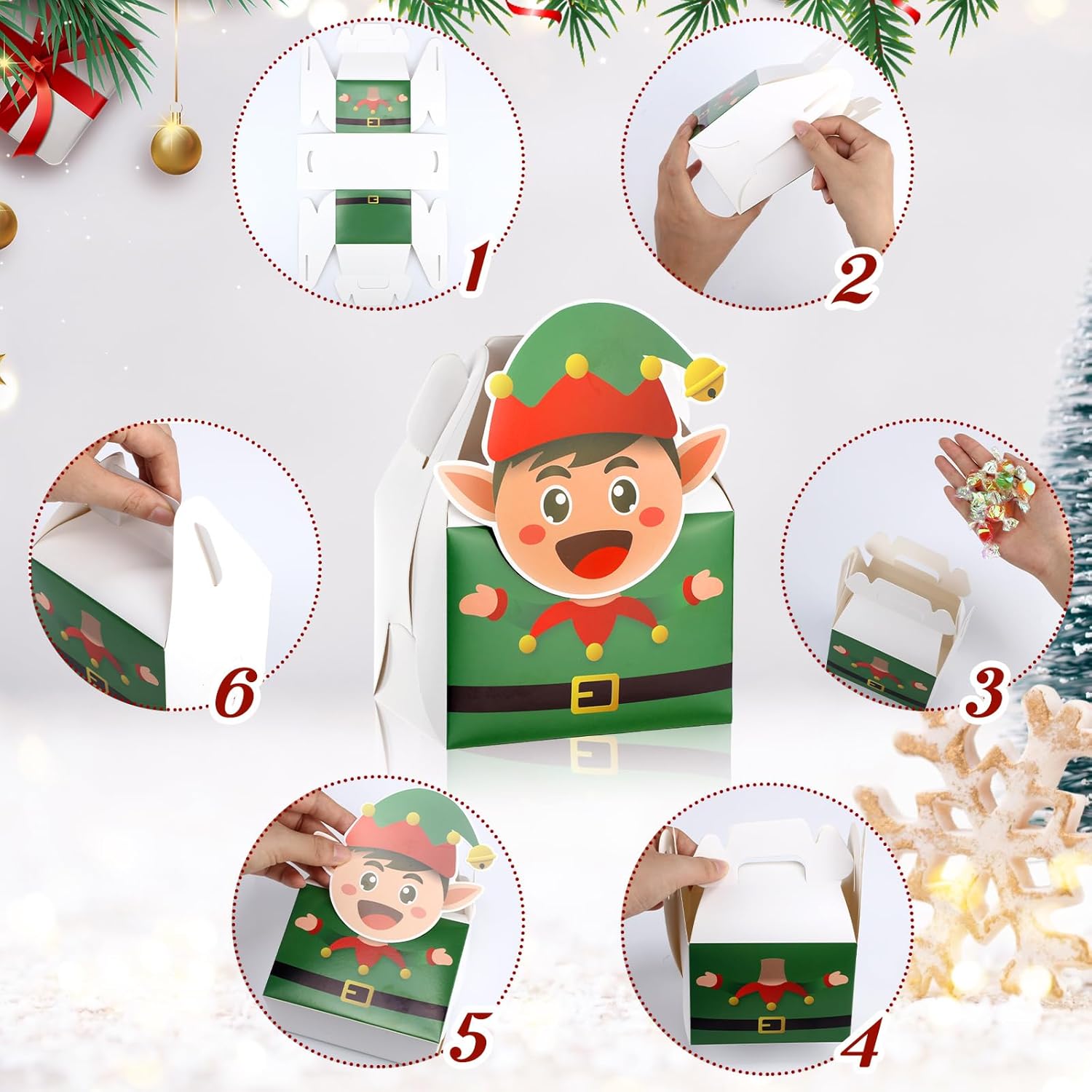 Cholemy 24 cajas de regalo de Navidad 3D de cartón a dos aguas plegables de Navidad con asas, Papá Noel, muñeco de nieve, reno, elfo, alce,