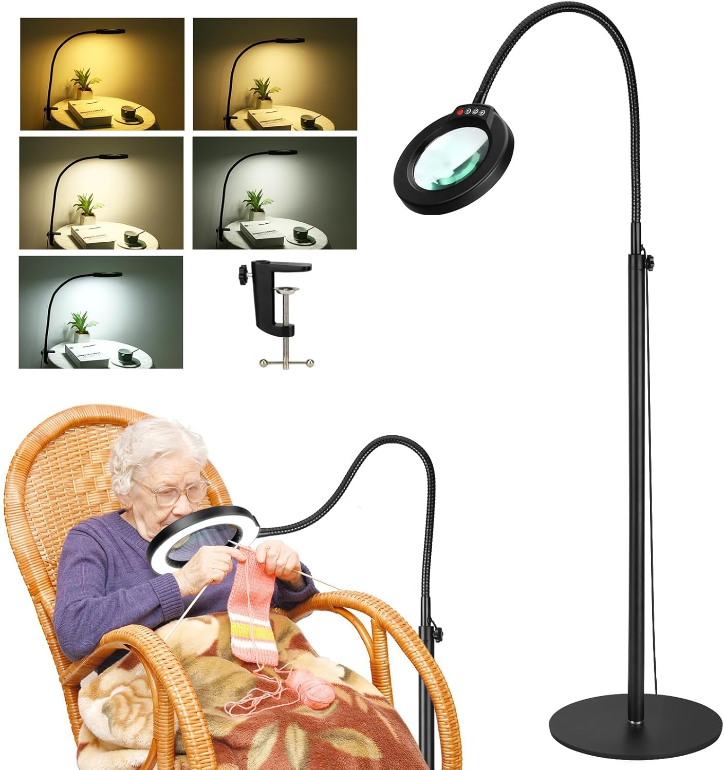 Lupa 5X con luz y soporte, lámpara de pie flexible de cuello de cisne de 24 pulgadas, 3 en 1, LED 3 en 1, 5 modos de color, lupa iluminada regulable