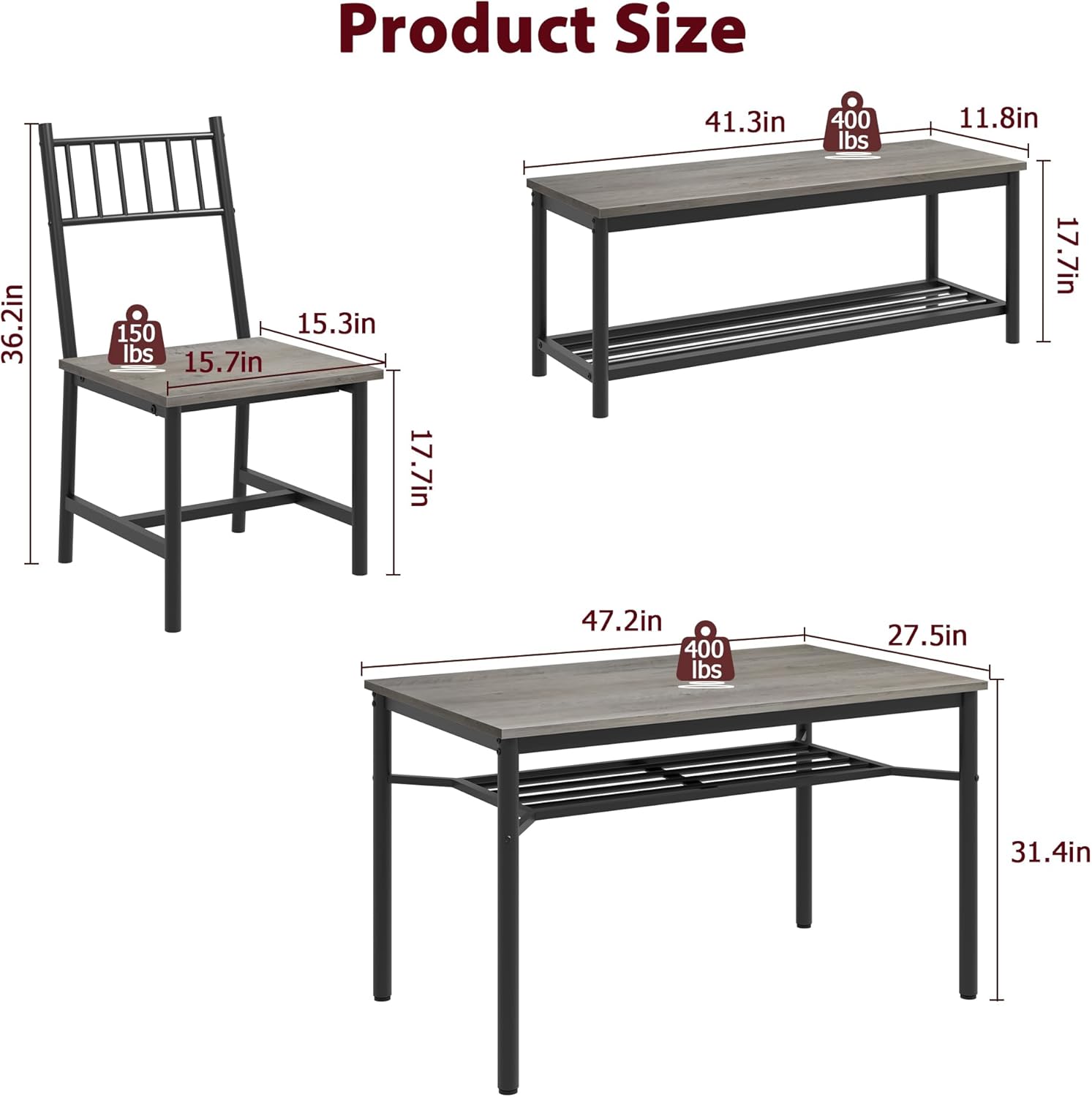 IDEALHOUSE Juego de mesa de comedor para 4, mesa de cocina y 2 sillas con banco de almacenamiento, juego de mesa de cocina rectangular de 47.2