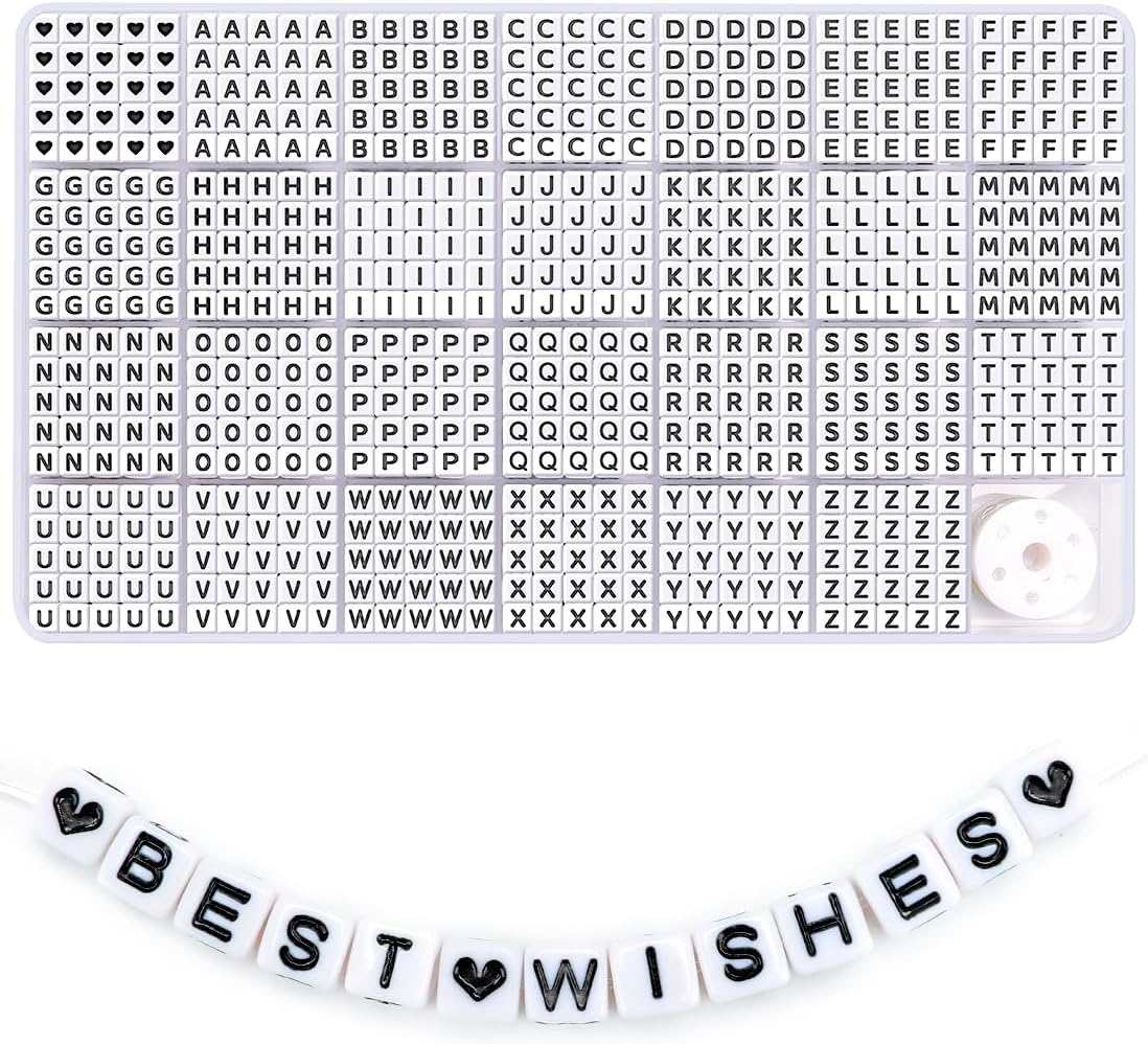 Bundooraking Cuentas de letras cuadradas, letras negras, fondo blanco, cuentas acrílicas de 0.236 x 0.236 pulgadas, 28 cuadrículas para hacer joyas,