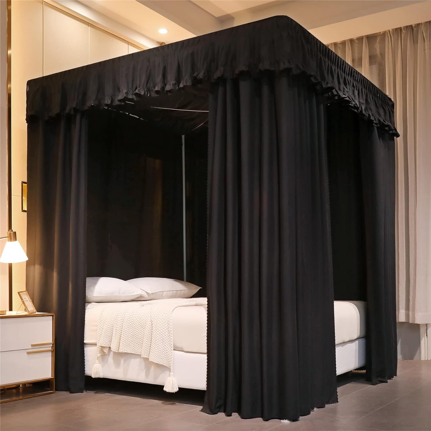 VETHIN Cortinas de techo elástico estilo princesa con cuatro postes de esquina, acogedora y transpirable, mosquitera para decoración de dormitorio