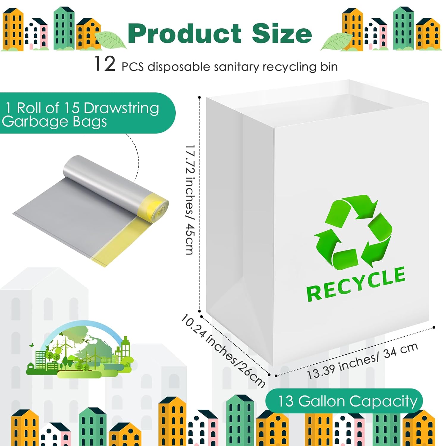 Tioncy – 12 botes de basura desechables de 13 galones con bolsa de basura, contenedores de reciclaje de cinta de doble cara, contenedores de basura