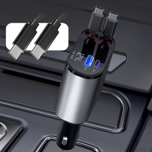 Cargador retráctil para automóvil con cables de carga retráctiles dobles tipo C y 2 puertos USB, cargador rápido 4 en 1 para teléfono con pantalla Cargador retráctil para automóvil con cables de carga retráctiles dobles tipo C y 2 puertos USB, cargador rápido 4 en 1 para teléfono con pantalla