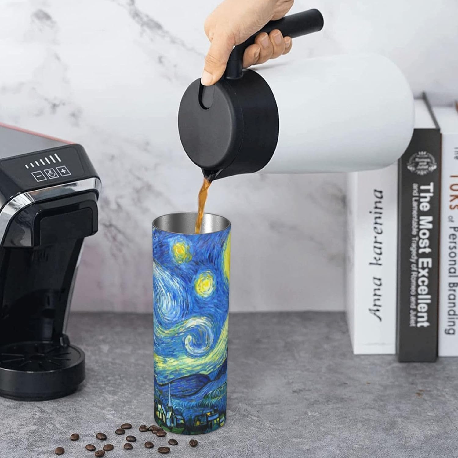 Van Gogh’s Starry – Vaso aislado de acero inoxidable de 20 onzas, taza de café estilo cielo con tapa a prueba de salpicaduras y popote para hombres,