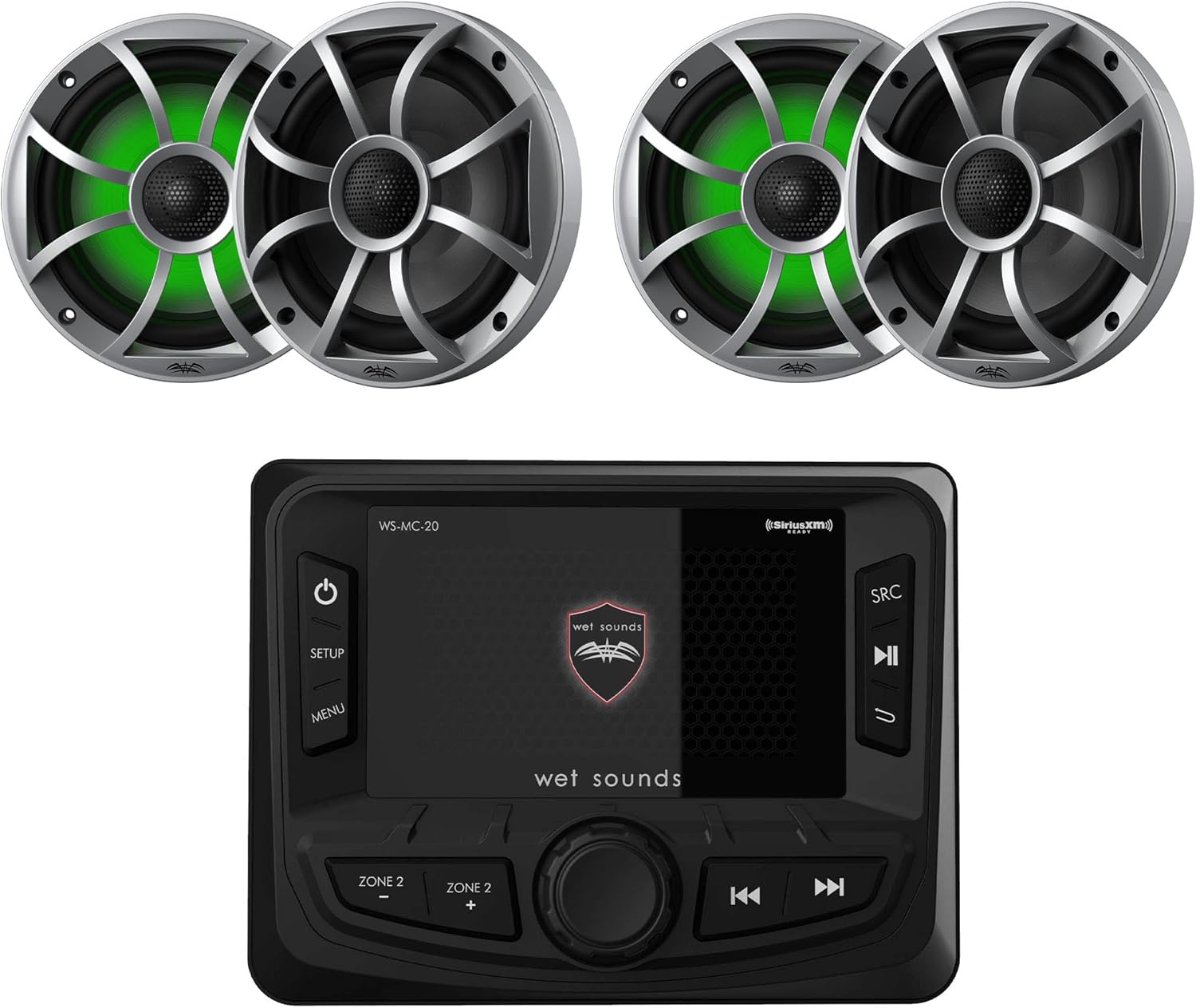 Wet Sounds WS-MC-20 Radio marina con 2 pares de sonidos húmedos Recon 6-S RGB LED 6.5 pulgadas 60 vatios RMS altavoces coaxiales con rejillas XS