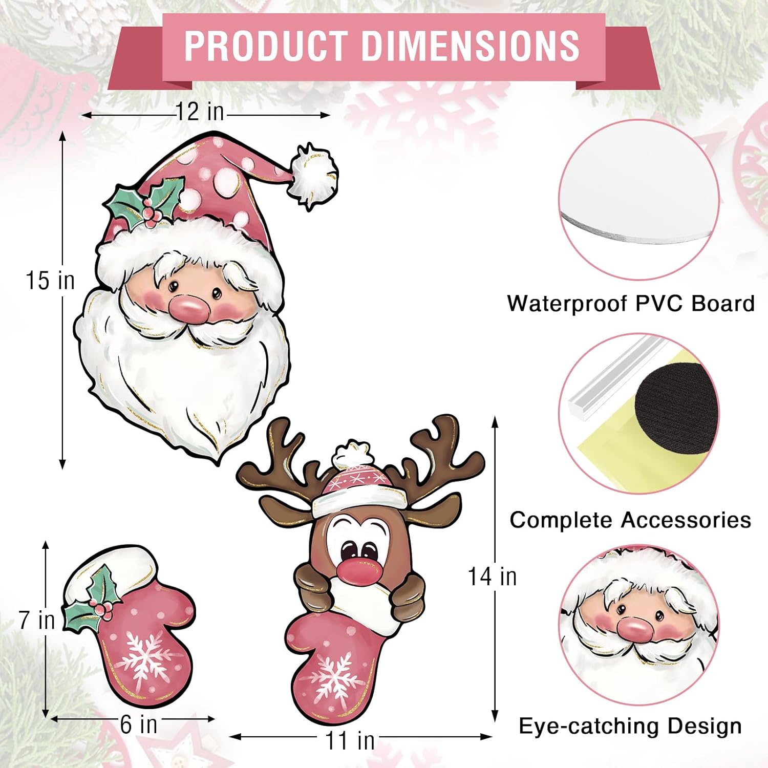 Letrero de jardín de Navidad rosa con diseño de Papá Noel para patio, guantes de Navidad, alce, reno, adorno para decoración de árbol de patio al