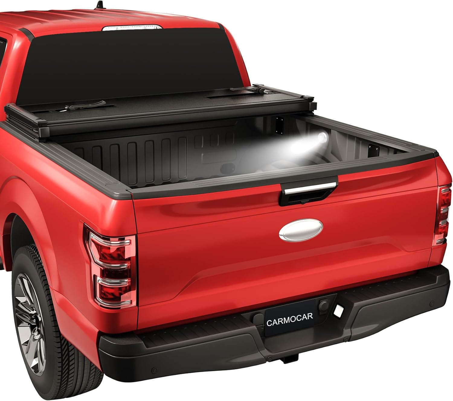 CARMOCAR Cubierta rígida de tres pliegues para camioneta Toyota Tacoma de 5 pies, color negro, con luz LED