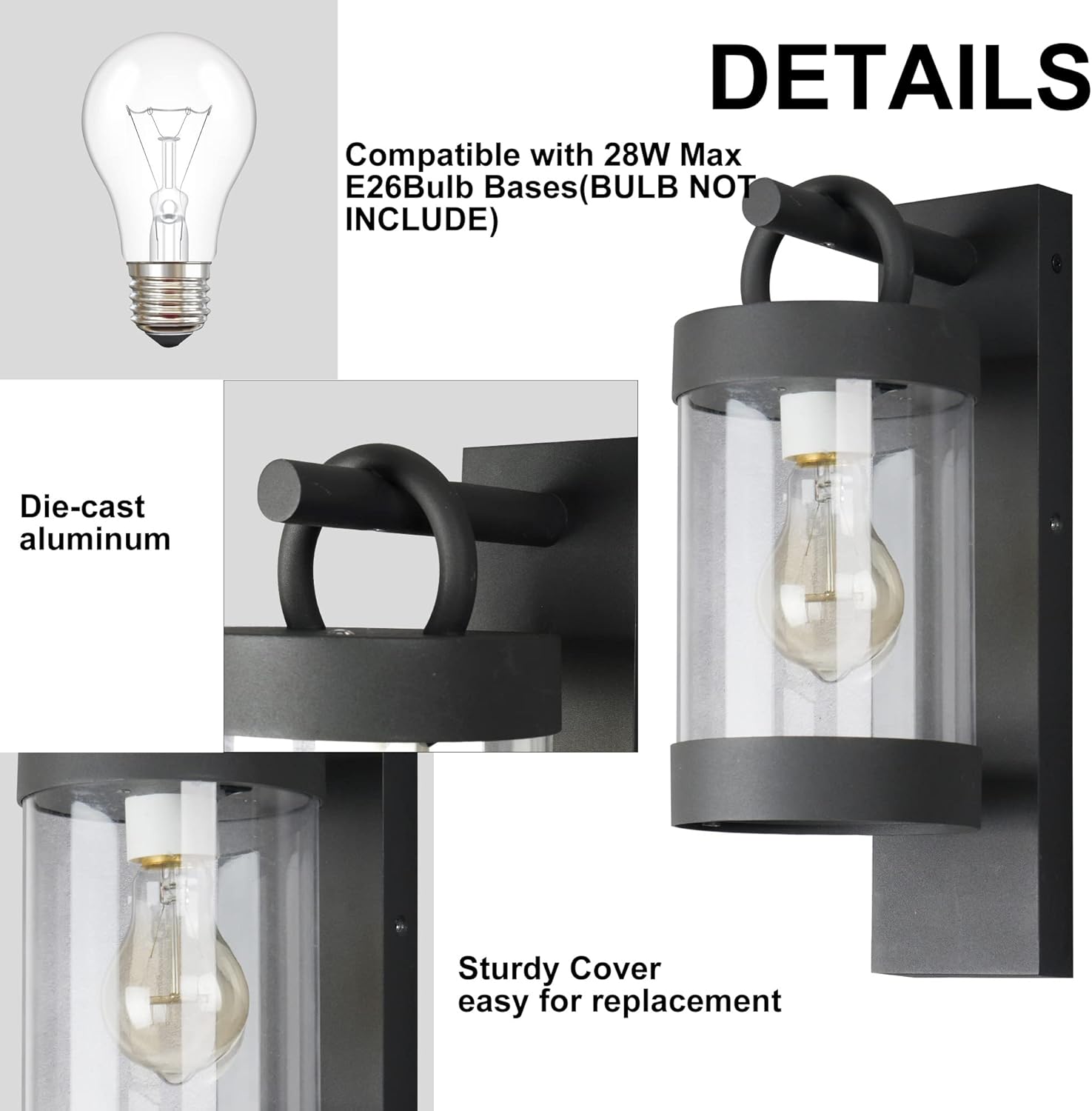 Lámparas de exterior del anochecer al amanecer para casa, E26 moderna luz exterior para porche, impermeable, linterna de montaje en pared para