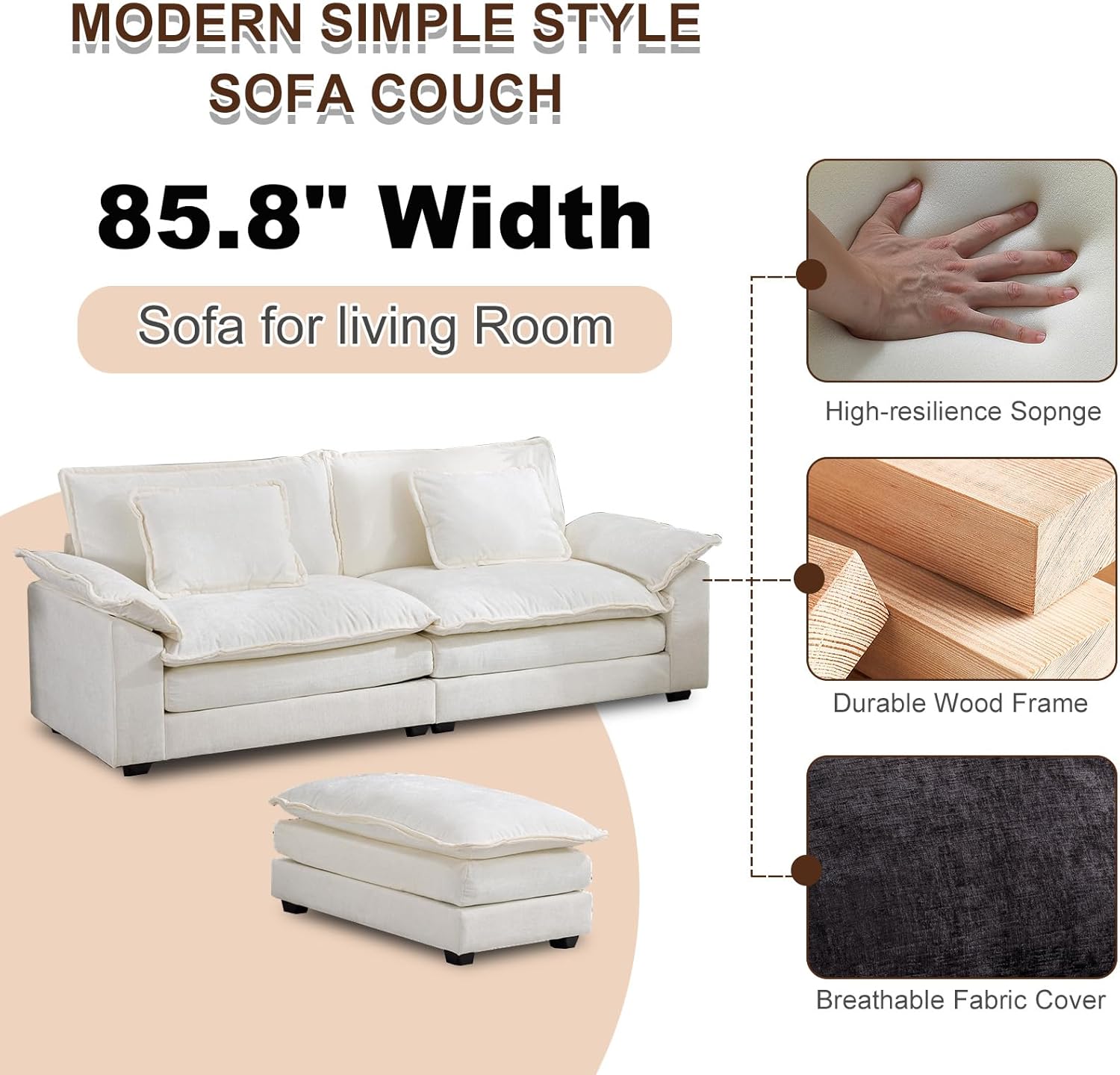 Cómodo sofá modular de felpilla de 85.4 pulgadas, cómodo sofá modular en forma de L para sala de estar, dormitorio, apartamento, oficina (beige)