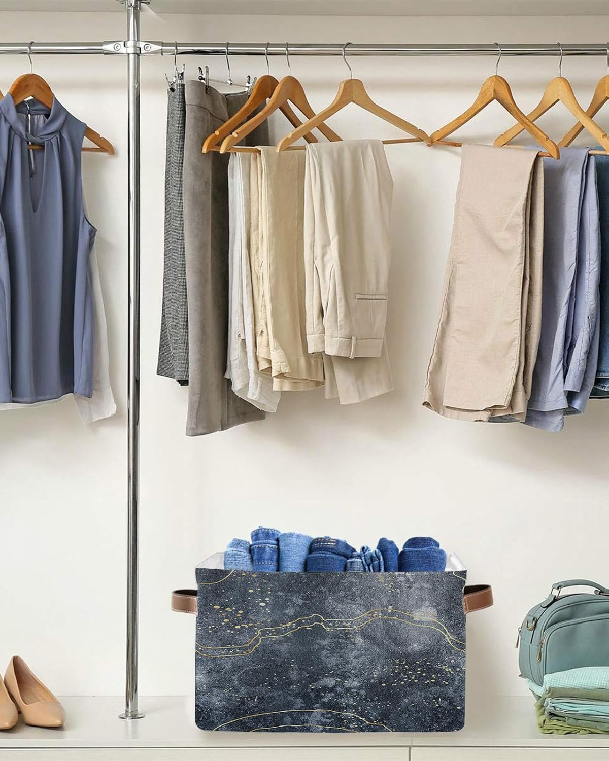 Cesta de almacenamiento gris degradado para organizar estantes, cajas de almacenamiento plegables con asa, líneas amarillas modernas, arte