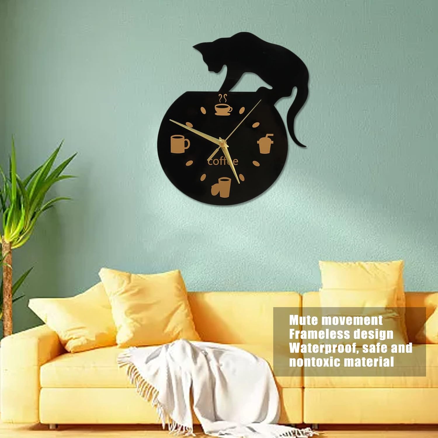 GLOGLOW Reloj de pared de cocina, reloj de pared 3D, movimiento silencioso, café, gato, sin marco, diseño para oficina, dormitorio, dormitorio