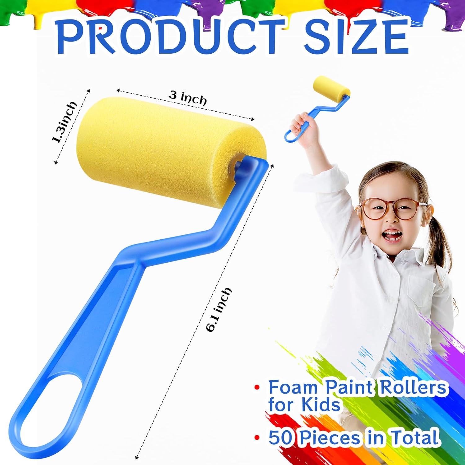 Tenceur 50 Pieces 3 Inch Foam Paint Rollers Painting Sponge Roller Small Sponge Paint Roller with Plastic Handle for Young Artists Kids Early