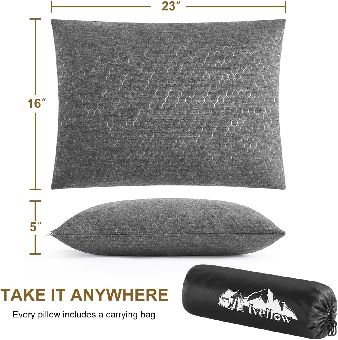 Ivellow Almohada de viaje de espuma viscoelástica comprimible para dormir, almohada de espuma viscoelástica triturada, almohada de viaje compacta y