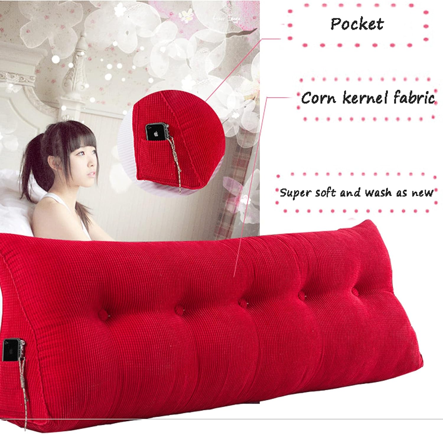Almohada de cabecero suave, para descansar en la cama, extraíble, almohada de lectura triangular esponjosa, con funda extraíble, cojín lumbar