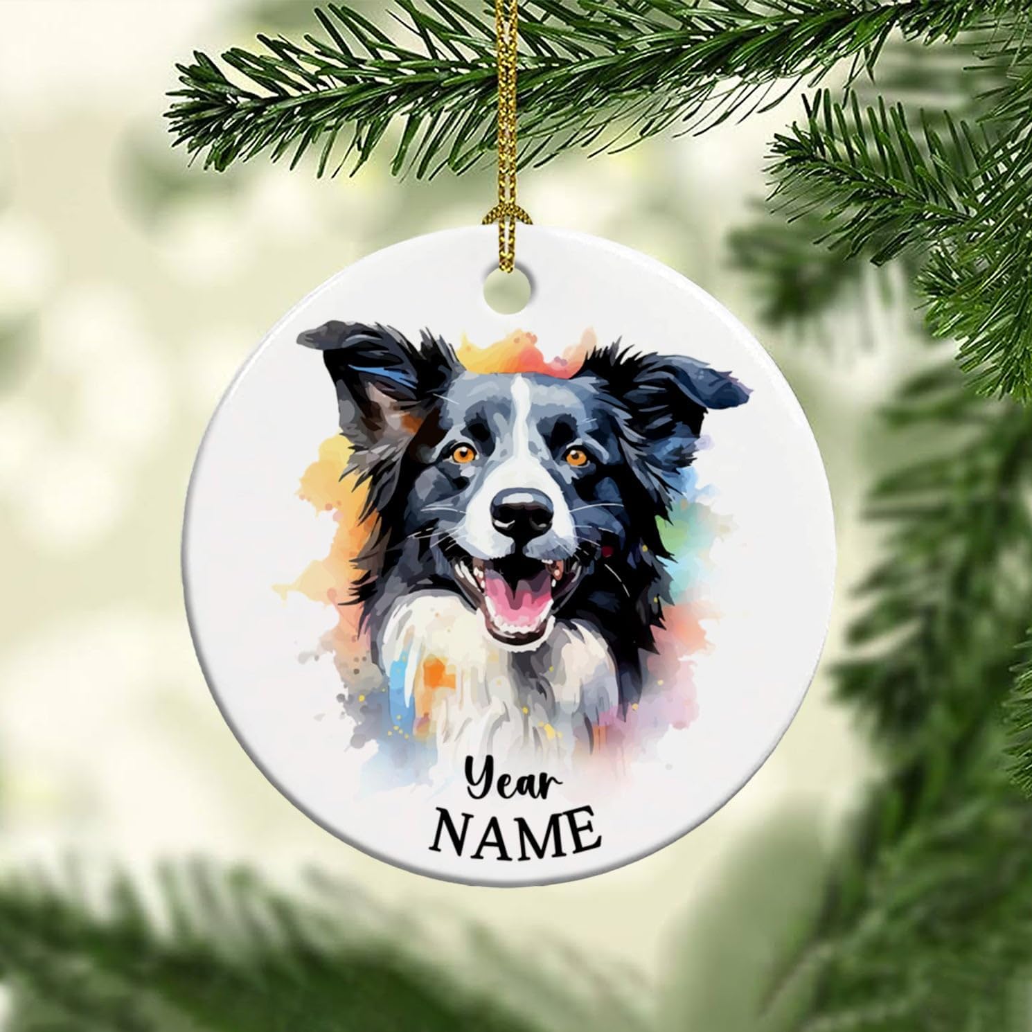 Adorno personalizado de cerámica para perro Border Collie, adorno personalizado para primera Navidad para perro con nombre y año, adorno de Navidad