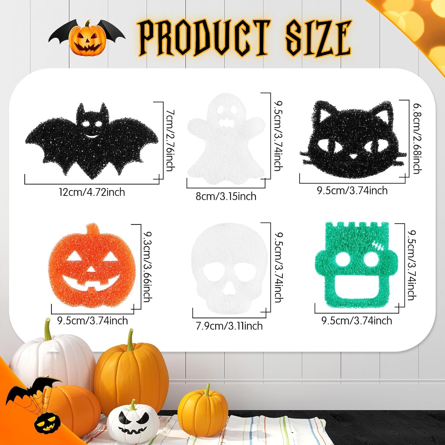 Umigy 6 esponjas de limpieza de Halloween, lindas esponjas de limpieza para cocina, fantasma, murciélago, calabaza, gato, esponja sensible a la