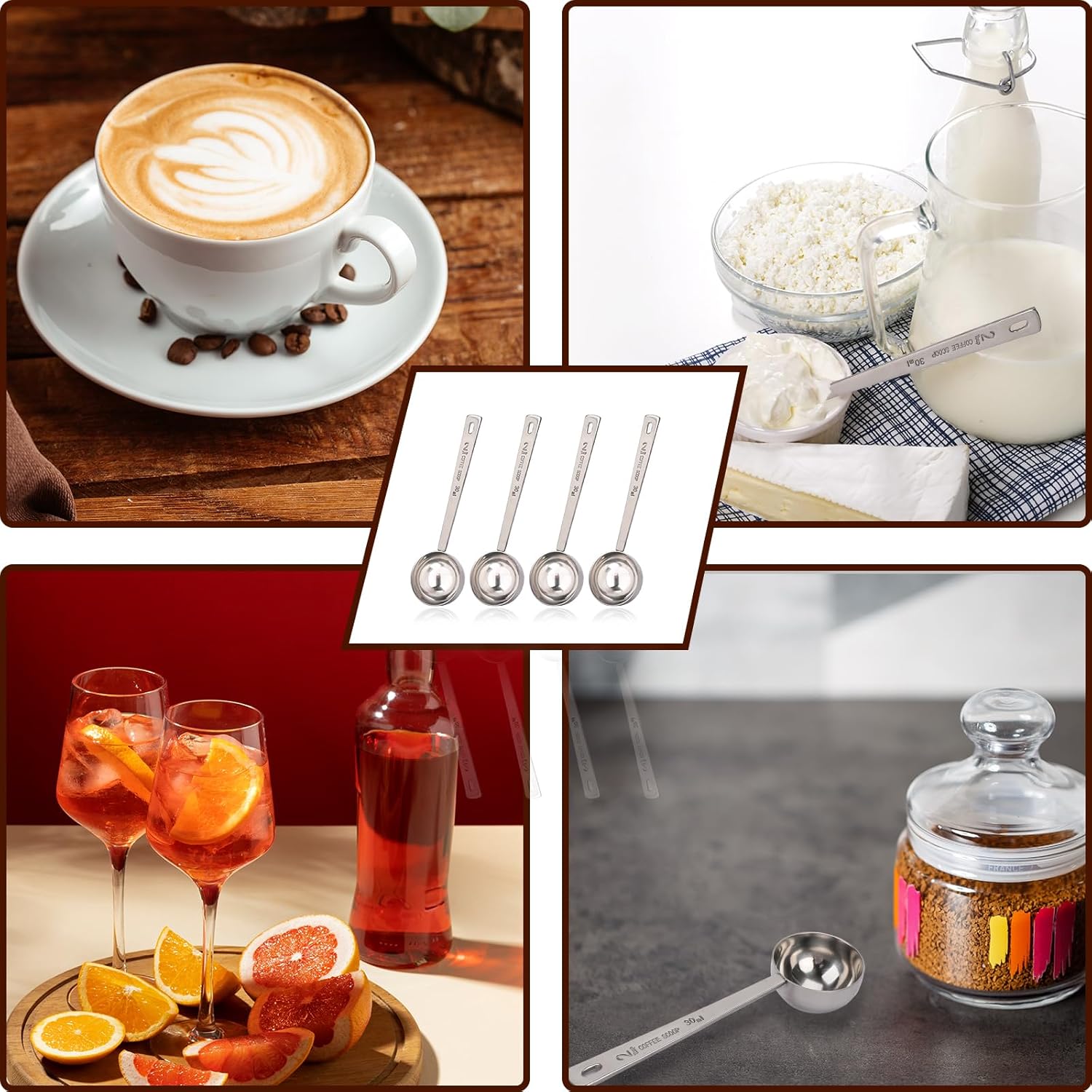 2 cucharadas de 2 cucharadas con asas largas, cuchara medidora de café de acero inoxidable de 1.0 fl oz, 2 cucharadas para café, leche, fruta en