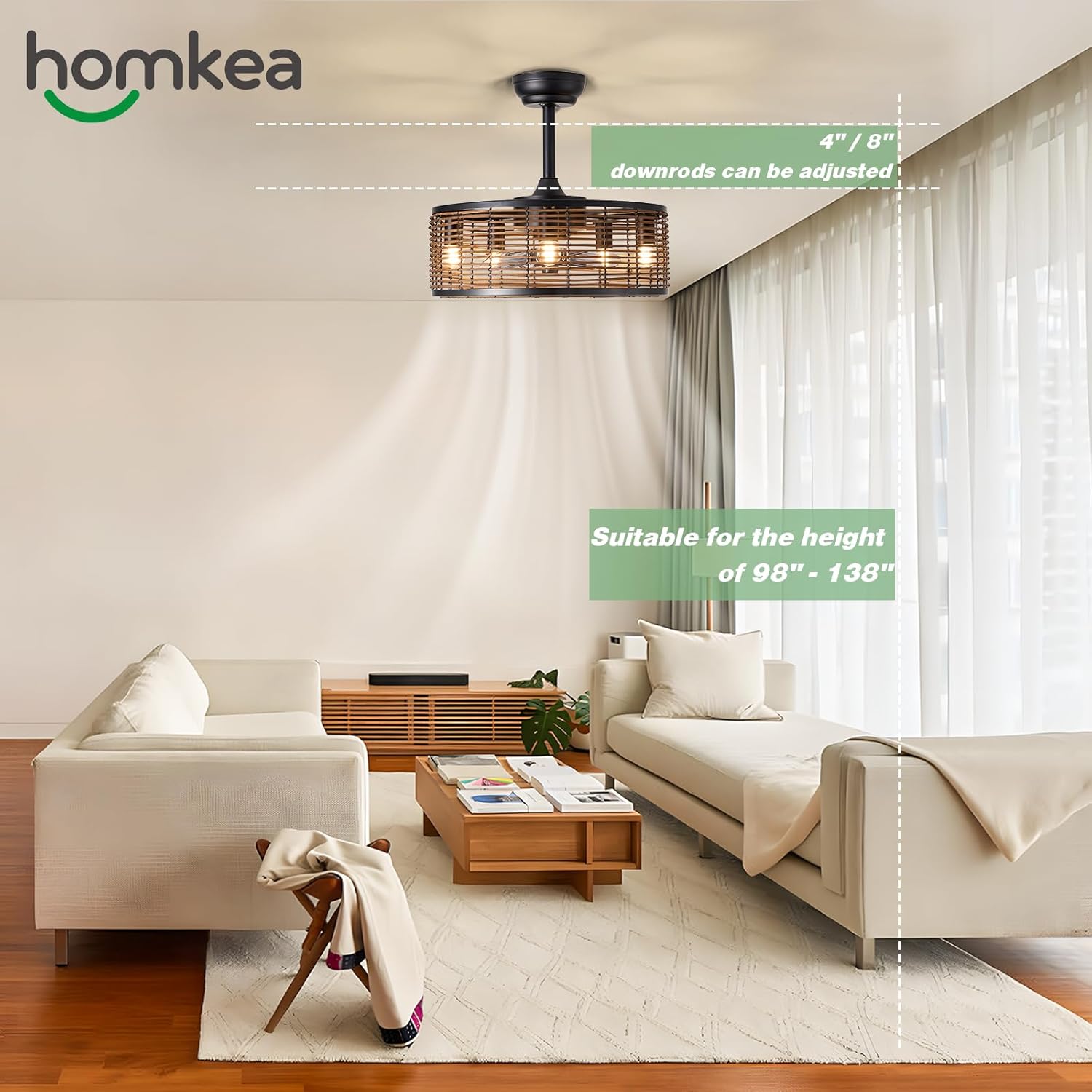 HOMKEA Ventilador de techo bohemio de ratán con control remoto de luz, montaje empotrado, ventiladores de techo enjaulados de granja de 20 pulgadas