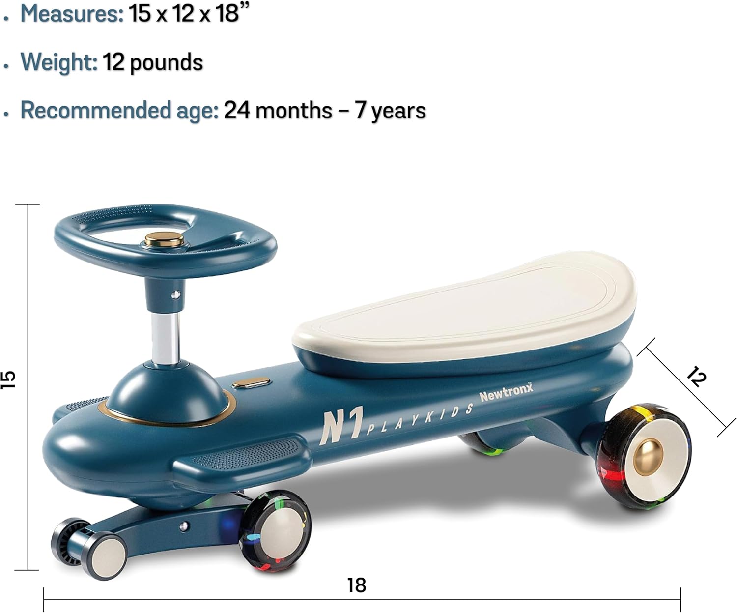 Newtronx N1 Wiggle Car para niños, auto oscilante, juguete de montar con ruedas LED intermitentes, sin baterías, utiliza giro, giro, movimiento de