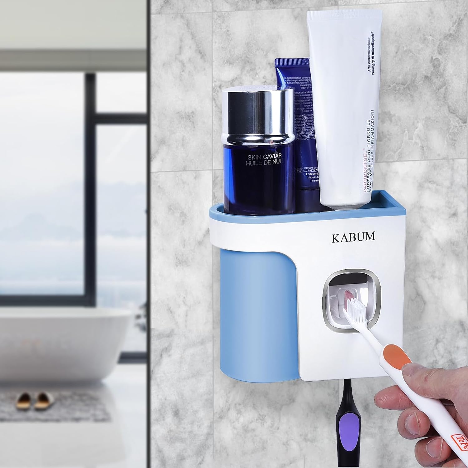 Soporte para cepillos de dientes para baños, dispensador de pasta de dientes, taza azul, exprimidor automático de pasta de dientes montado en la