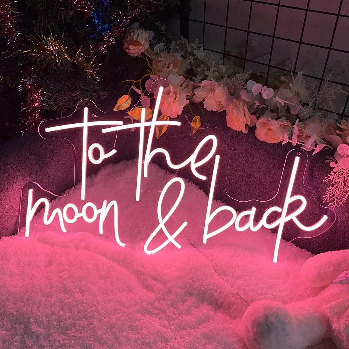 Letrero de neón con texto en inglés To The Moon and Back (Con texto en inglés To The Moon and Back) con luz flexible de brillo ajustable, decoración