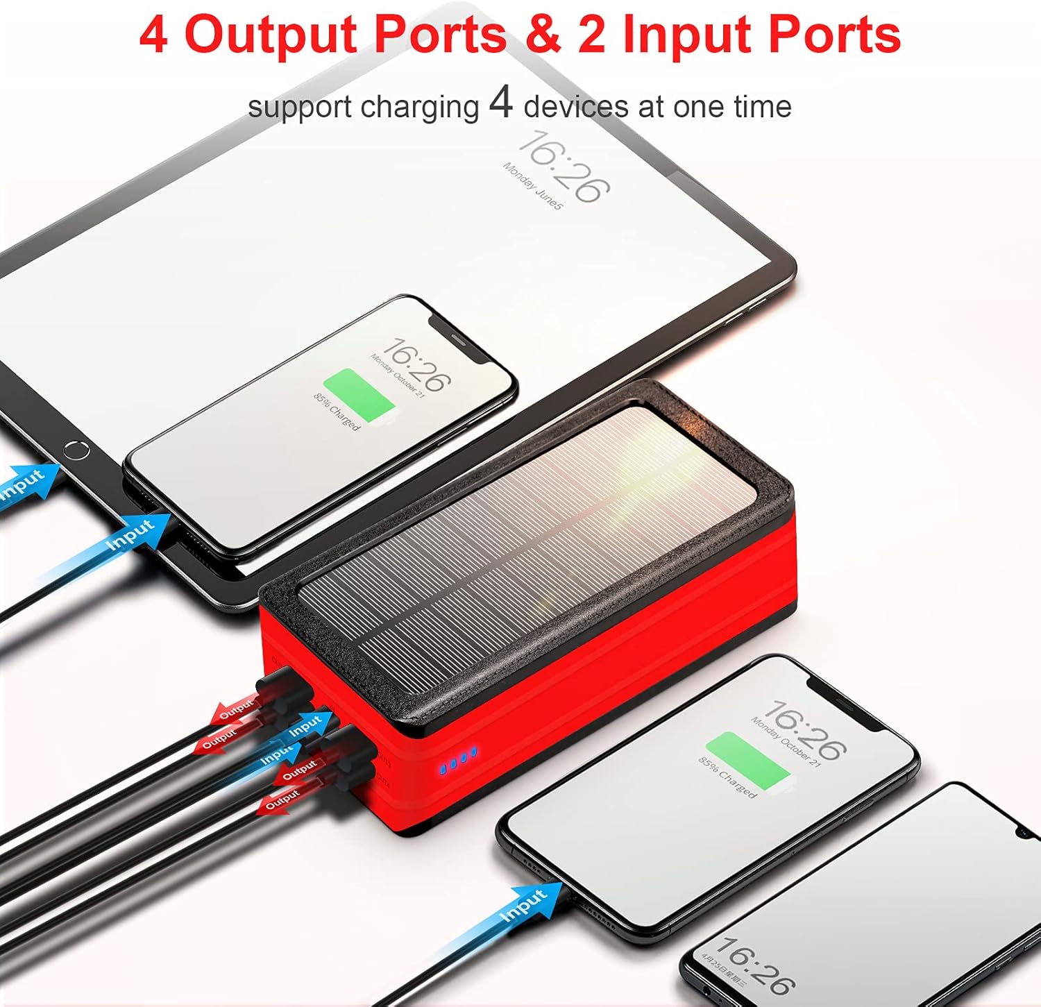Banco de energía solar de 50000 mAh, cargador de teléfono solar portátil con linterna, 4 puertos de salida, 2 puertos de entrada, banco de batería