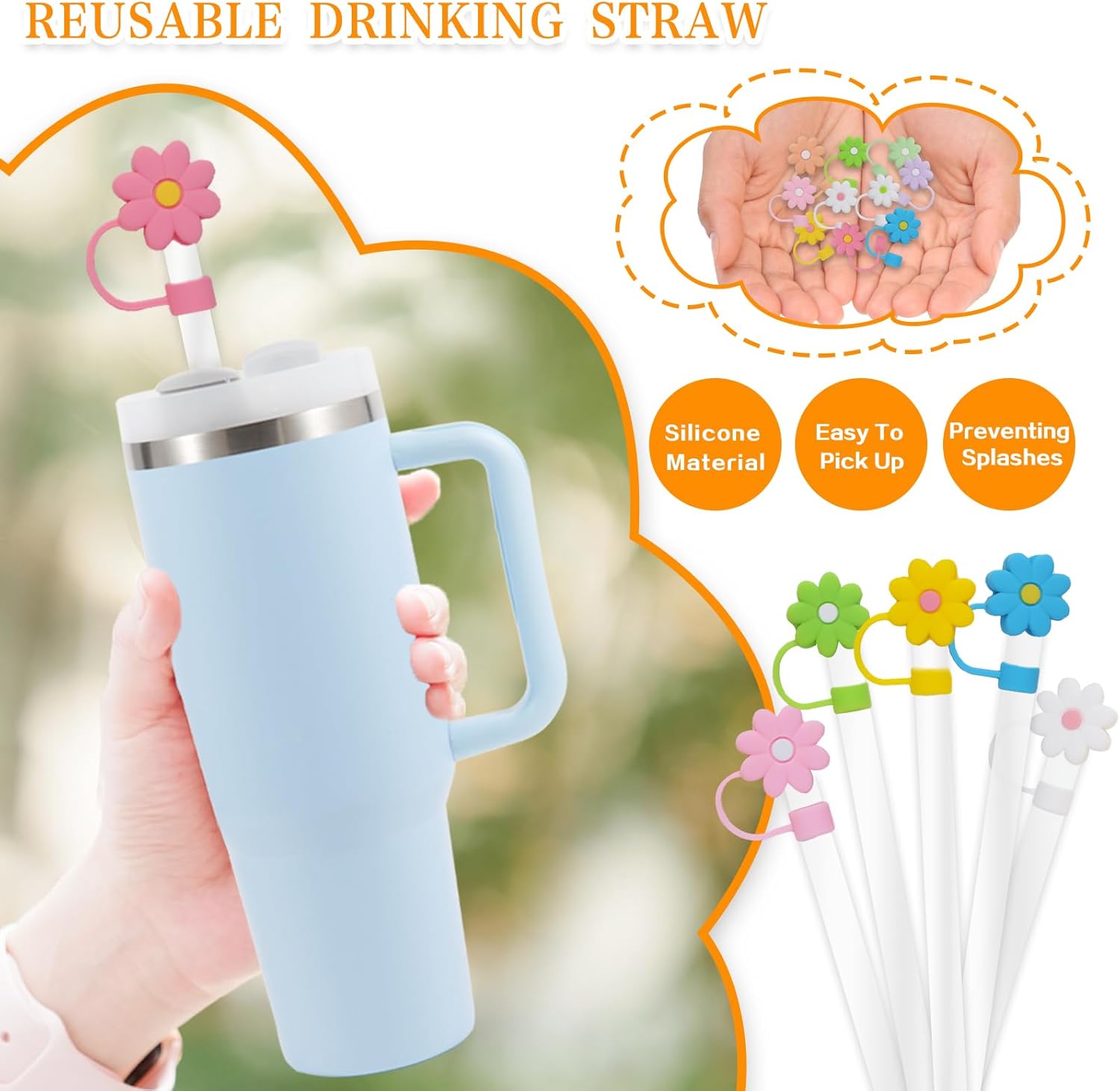 10 fundas de paja de silicona con diseño de flores para copa Stanley, fundas reutilizables para popotes compatibles con Stanley de 30 y 40 onzas,