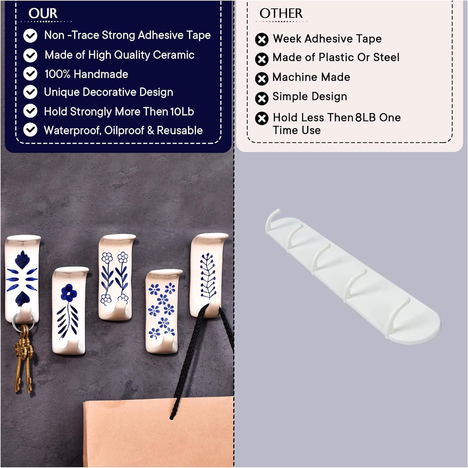 IndianShelf Ganchos adhesivos decorativos para baño, ganchos adhesivos de cerámica, bohemios, para toallas, ganchos de ducha sin daños en uñas,