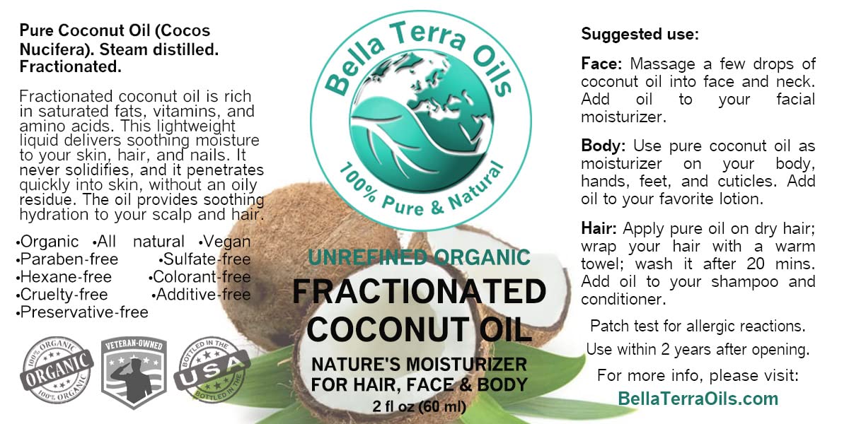 Bella Terra Oils Aceite de coco fraccionado (aceite MCT)  2 oz, profundamente hidratante, ligero, no graso