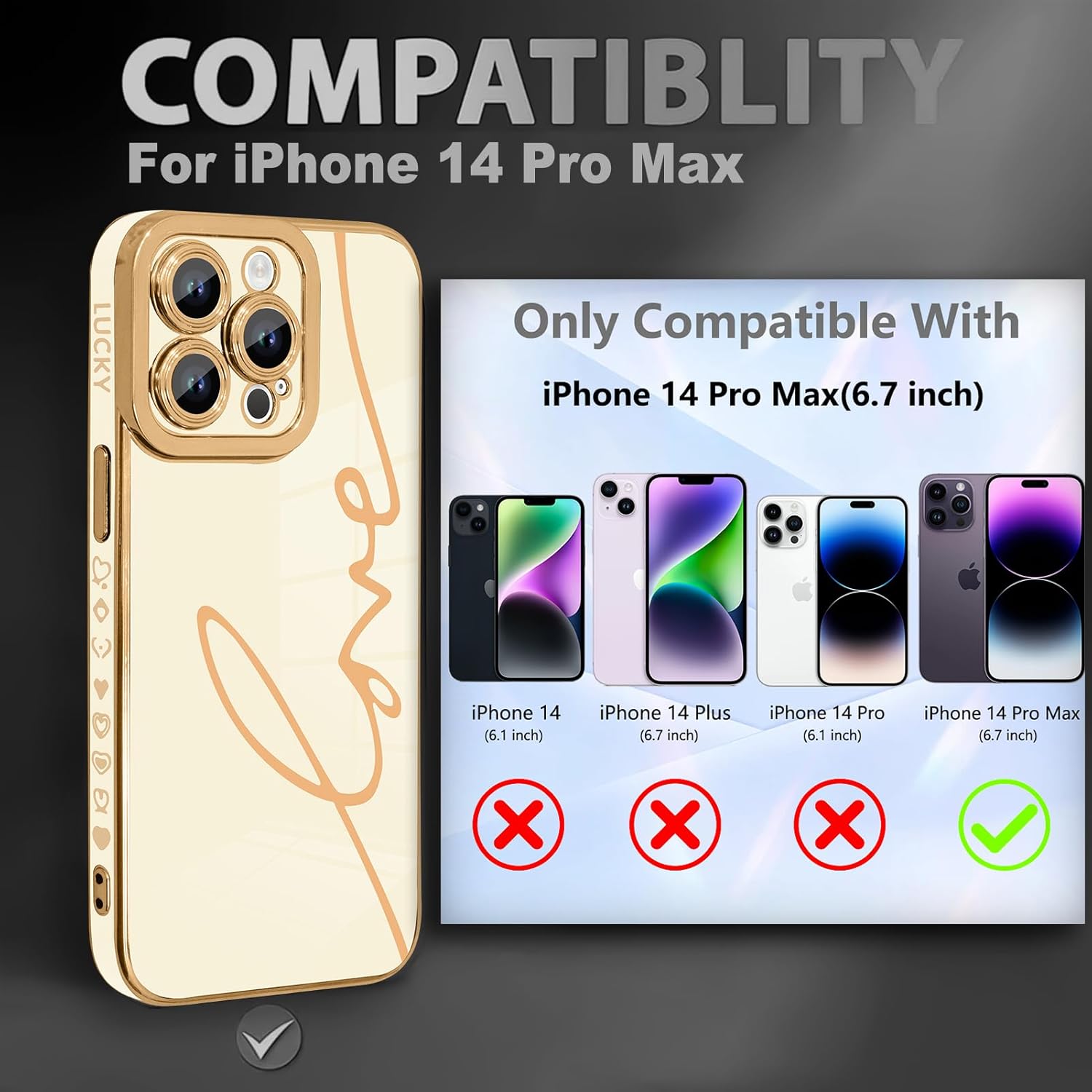 Fiyart Diseñada para iPhone 14 Pro Max, bonita funda chapada en amor para mujeres y niñas, con protector de pantalla, protector de cámara, cubierta