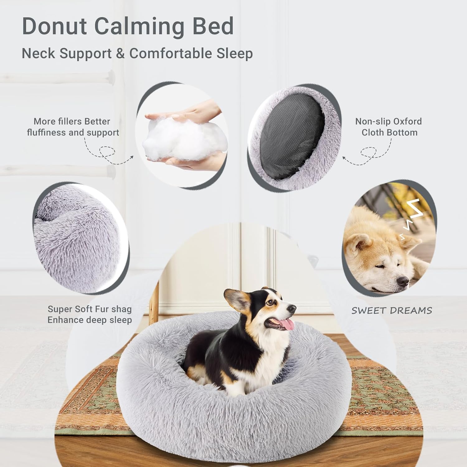 SPUNKYJUNKY Cama para perros de felpa calmante redonda en forma de dona, lavable y mullida, cómoda, antiansiedad, para gatos, perros pequeños,