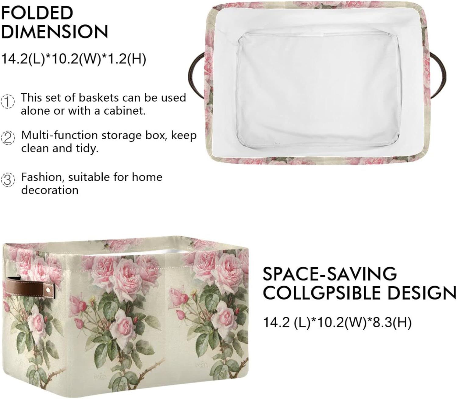 ALAZA Caja de almacenamiento plegable con diseño floral de rosas vintage con asas para estantes, armario, sala de estar, dormitorio, oficina en
