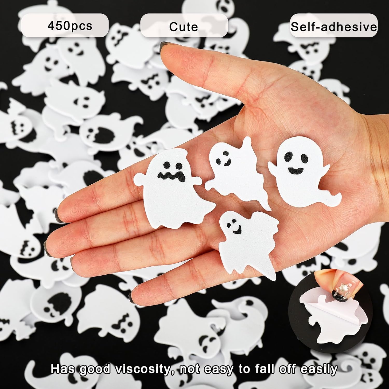 AnyDesign – 450 calcomanías de espuma de fantasma de Halloween, calcomanías autoadhesivas de fantasma, calcomanías blancas y negras para Halloween,